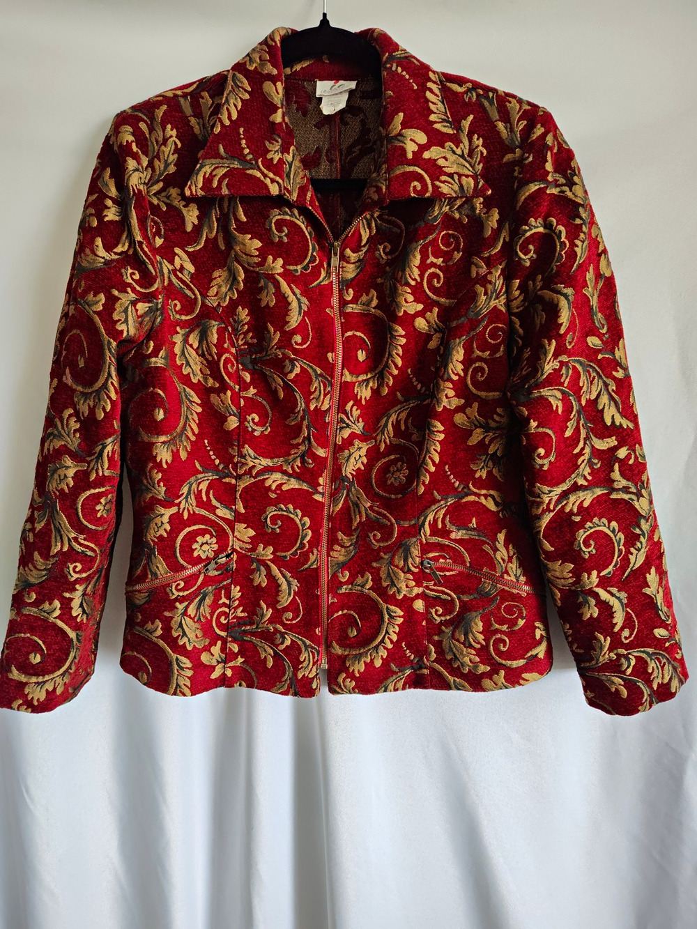 i.c. collection Red Paisley Zip Front Jacket Collared Pockets Long Sleeve M